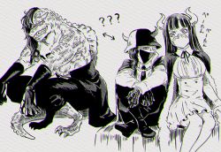 Rule 34 | 1boy, 1girl, brother and sister, dinosaur, dress, hair over one eye, hat, horns, lizardman, mask, monochrome, mouth mask, multicolored hair, one piece, page one (one piece), siblings, sitting, squatting, ulti (one piece)