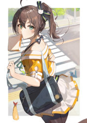 Rule 34 | 1girl, absurdres, ahoge, bag, bare shoulders, black bow, black ribbon, bow, bread, bread slice, brown hair, brown pantyhose, buttons, camisole, cat hair ornament, charm (object), commentary, crosswalk, day, dutch angle, food, food in mouth, from side, green eyes, green ribbon, hair between eyes, hair ornament, hair ribbon, highres, holding strap, hololive, jacket, looking at viewer, looking to the side, medium hair, medium skirt, mouth hold, natsuiro matsuri, natsuiro matsuri (1st costume), off-shoulder jacket, off shoulder, orange jacket, outdoors, pantyhose, ribbon, road, short sleeves, shoulder bag, side ponytail, sidelocks, skirt, solo, standing, taht (that is mm), toast, virtual youtuber, white skirt