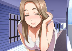 Rule 34 | 1girl, adjusting hair, apartment, bare arms, blonde hair, blush, breasts squeezed together, breasts, brown eyes, cleavage, closed mouth, colored skin, door, dress, facing viewer, female focus, hair over shoulder, half-closed eyes, huge breasts, ikuchan kaoru, inran hitozuma no amafuwa sex life, leaning forward, long hair, looking at viewer, mole, mole under mouth, multicolored skin, outdoors, shadow, sleeveless, smile, solo, standing, thick eyebrows, white dress, window