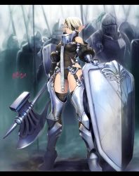 Rule 34 | armor, army, artist name, axe, ayaki, bikini armor, boots, collar, commentary request, detached sleeves, eyepatch, fog, garter straps, gauntlets, gluteal fold, high heel boots, high heels, knight, leotard, looking at viewer, original, partial armor, pointy ears, shield, short hair, thighhighs, weapon, white hair
