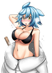 Rule 34 | 1girl, alternate breast size, animal costume, animal ears, azur lane, bikini, bikini top only, blue hair, blush, breasts, cleavage, fox ears, fubuki (azur lane), fubuki (mascot bucky) (azur lane), highres, large breasts, looking at viewer, navel, open clothes, open mouth, short hair, skirt, solo, swimsuit, yellow eyes, yutanpo-2