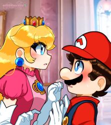 Rule 34 | 1boy, 1girl, blonde hair, blue eyes, breasts, brown hair, crown, dress, earrings, face-to-face, facial hair, gloves, hat, height difference, highres, jewelry, looking at another, mario, mario (series), medium breasts, mustache, nintendo, overalls, pink dress, princess peach, the super mario bros. movie, upper body