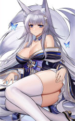 Rule 34 | 1girl, absurdres, animal ear fluff, animal ears, ass, azur lane, blue butterfly, blue collar, blue kimono, blush, breasts, bug, butterfly, butterfly hair ornament, cleavage, closed eyes, collar, detached collar, eternity (shadeh), fox ears, fox girl, hair ornament, highres, insect, japanese clothes, kimono, kitsune, kyuubi, large breasts, large tail, long sleeves, looking at viewer, multiple tails, off shoulder, sakura empire (emblem), shinano (azur lane), simple background, sitting, skirt, skirt under kimono, solo, tail, thighhighs, white background, white skirt, white tail, white thighhighs, wide sleeves