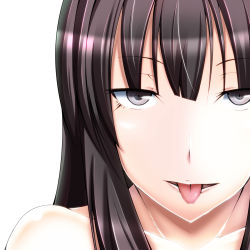 Rule 34 | 1girl, bad id, bad pixiv id, black eyes, black hair, close-up, collarbone, female focus, highres, houraisan kaguya, long hair, looking at viewer, nude, portrait, solo, tongue, touhou, upper body, yoi tosui, yoitosui