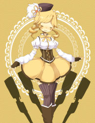 Rule 34 | 10s, 1girl, beret, blonde hair, boots, breasts, closed eyes, corset, detached sleeves, drill hair, fingerless gloves, gloves, gun, hair ornament, hat, jiguma, magical girl, magical musket, mahou shoujo madoka magica, mahou shoujo madoka magica (anime), miniskirt, pleated skirt, puffy sleeves, shirt, skirt, smile, solo, striped clothes, striped thighhighs, taut clothes, taut shirt, thigh gap, thighhighs, thighs, tomoe mami, vertical-striped clothes, vertical-striped thighhighs, weapon, yellow background, yellow skirt, yellow theme