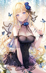 Rule 34 | 1girl, absurdres, black bow, blonde hair, blue butterfly, blue flower, blue nails, blush, bow, breasts, bug, butterfly, cleavage, collarbone, dress, flower, frilled dress, frills, hair flower, hair ornament, highres, insect, large breasts, long hair, looking at viewer, nail polish, original, purple dress, purple eyes, solo, taya oco, tongue, tongue out