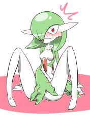 Rule 34 | 1girl, ^^^, between legs, blush, bob cut, breasts, caught, closed mouth, collarbone, colored skin, constricted pupils, creatures (company), embarrassed, female focus, female masturbation, fingering, game freak, gardevoir, gen 3 pokemon, green hair, green skin, hair over one eye, hand between legs, kazamidoririnn, knees up, legs, looking at viewer, masturbation, multicolored skin, nintendo, nose blush, one eye covered, outline, partially visible vulva, pokemon, pokemon (creature), red eyes, short hair, simple background, small breasts, solo, spread legs, surprised, thighs, two-tone background, two-tone skin, white background, white outline, white skin, wide-eyed