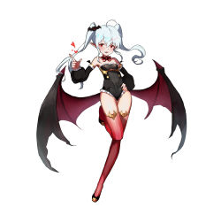 Rule 34 | 1girl, absurdres, ahoge, bad id, bad pixiv id, bare shoulders, bat hair ornament, black footwear, blush, bow, covered navel, demon wings, detached sleeves, dymao, fangs, frilled leotard, frills, gem, hair ornament, hand on own hip, heart, highres, leotard, long hair, low wings, lower teeth only, mini wings, original, pointy ears, red bow, red eyes, red thighhighs, short hair, simple background, solo, striped, striped bow, teeth, thighhighs, twintails, vampire, white background, white hair, wings