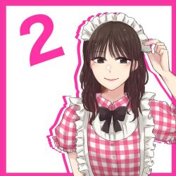 Rule 34 | 1girl, adjusting clothes, adjusting headwear, arm at side, arm up, black bow, black bowtie, border, bow, bowtie, brown eyes, brown hair, buttons, closed mouth, collared shirt, commentary, countdown, frilled sleeves, frills, ishii haruna, light blush, looking at viewer, maid headdress, medium hair, mole, mole under eye, nigari (ngari 0115), outside border, pink border, pink shirt, plaid, plaid shirt, puffy short sleeves, puffy sleeves, real life, shirt, short sleeves, simple background, smile, solo, upper body, voice actor, waitress, white background
