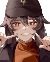 Rule 34 | 1girl, alternate costume, bad id, bad twitter id, black hat, black jacket, black nails, brown flower, brown hair, closed mouth, collared jacket, commentary, fingernails, flower, flower-shaped pupils, genshin impact, hair between eyes, hands up, hat, hat ornament, hu tao (genshin impact), jacket, long hair, long sleeves, looking at viewer, nail polish, open clothes, open jacket, orange eyes, orange sweater, pointing, reki (user rcrd4534), simple background, smile, solo, sweater, symbol-only commentary, symbol-shaped pupils, teeth, twintails, upper body, white background