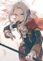 Rule 34 | 1girl, aiguillette, bad id, bad twitter id, cape, commentary, determined, edelgard von hresvelg, english commentary, feathers, fire emblem, fire emblem: three houses, garreg mach monastery uniform, gloves, hair ribbon, holding, holding weapon, long hair, looking at viewer, military, military uniform, nintendo, parted lips, purple eyes, ribbon, solo, taki (tkai40), uniform, v-shaped eyebrows, weapon, white hair