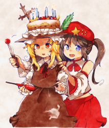 Rule 34 | 2girls, :d, alternate costume, alternate hairstyle, balancing on head, bare shoulders, beret, birthday cake, blonde hair, blue eyes, blush, brown hair, cake, cake hat, candy, detached sleeves, dolls in pseudo paradise, dress, extra, falling, food, food on head, gradient background, hat, highres, jacket girl (dipp), knife, label girl (dipp), looking at viewer, multiple girls, object on head, open mouth, short hair, smile, star (symbol), sweat, nervous sweating, touhou, trembling, twintails, wadante, yellow eyes