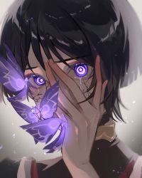 Rule 34 | 1boy, absurdres, black hair, bug, butterfly, genshin impact, hand on own face, highres, insect, japanese clothes, looking at viewer, nero hanken, purple eyes, scaramouche (genshin impact), short hair