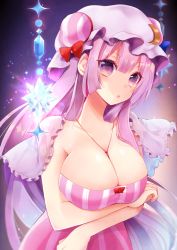 Rule 34 | 1girl, blush, breast rest, breasts, capelet, cleavage, crescent, crystal, dress, glowing, gradient background, hat, jewelry, large breasts, light purple hair, long hair, looking at viewer, mob cap, natsuki (ukiwakudasai), necklace, patchouli knowledge, purple eyes, solo, sparkle, strapless, striped clothes, striped dress, touhou, upper body