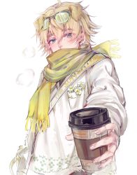 Rule 34 | 1boy, absurdres, animal ears, arknights, bishounen, blonde hair, coffee cup, cup, disposable cup, dog boy, dog ears, eyewear on head, green scarf, highres, holding, holding cup, male focus, scarf, short hair, simple background, solo, tequila (arknights), tinted eyewear, upper body, white background, xinjinjumin6756387