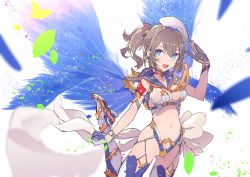 Rule 34 | 1girl, angel, beret, blue eyes, blue thighhighs, blurry, breasts, brown hair, cowboy shot, depth of field, feathers, garter straps, gloves, hair between eyes, half gloves, hat, looking at viewer, medium breasts, navel, open mouth, original, partially fingerless gloves, ponytail, revealing clothes, sailor collar, sidelocks, smile, solo, tajima ryuushi, thighhighs, wings