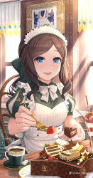 Rule 34 | 1girl, aged down, alternate costume, apron, blue eyes, bow, bowtie, brown hair, cake, chocolate cake, closed mouth, coffee mug, cup, dress, drill hair, drill sidelocks, enmaided, fate/grand order, fate (series), food, gift art, green dress, hair bow, highres, incoming food, leonardo da vinci (fate), leonardo da vinci (fate/grand order), leonardo da vinci (rider) (fate), litata, long hair, looking at viewer, low ponytail, maid, maid apron, maid headdress, mixed-language commentary, mug, open mouth, parted bangs, pov across table, puffy short sleeves, puffy sleeves, short sleeves, sidelocks, smile, solo, twitter username, white apron, white bow, white bowtie, window