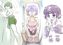 Rule 34 | 1girl, apron, arara cocoa, ass, blush, breasts, coke-bottle glasses, crescent, crescent hair ornament, earrings, freckles, glasses, gloves, hair ornament, jewelry, looking at viewer, ng knight lamune &amp; 40, open mouth, pointy ears, purple hair, short hair, skirt, smile, ueyama michirou