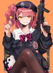 Rule 34 | 1girl, black hat, brown pantyhose, candy, commission, food, girls&#039; frontline, gun, h&amp;k mp7, hat, highres, iitenkidesune, lollipop, machine pistol, mp7 (girls&#039; frontline), nail polish, off shoulder, orange background, pantyhose, personal defense weapon, red hair, red nails, short hair, simple background, skeb commission, solo, submachine gun, suppressor, weapon, yellow eyes