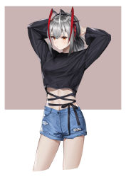 Rule 34 | 1girl, absurdres, arknights, arms up, bare legs, grey hair, hair between eyes, highres, looking at viewer, multicolored hair, orange hair, red hair, ribbon, senba (592683801), shirt, short hair, shorts, simple background, solo, standing, stomach, torn clothes, torn shorts, w (arknights)