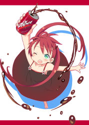 Rule 34 | 1girl, ahoge, barefoot, blush, can, child, dr pepper, dr pepper-tan, dress, drink can, feet, green eyes, kishiri toworu, long hair, miyao ryuu, one eye closed, product placement, red hair, soda can, solo, spread toes, toes, twintails, wink