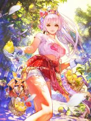 Rule 34 | 1girl, basket, bird, breasts, building, clothes around waist, dappled sunlight, earrings, food, from below, fruit, gloves, hair ornament, highres, holding, holding food, holding fruit, isaac hein iii, jewelry, large breasts, long hair, looking at viewer, official art, outdoors, pear, ponytail, print shirt, shirt, shorts, smile, solo focus, sparkle, sunlight, tenka touitsu chronicle, tied shirt, tree, white hair, yellow eyes