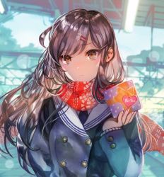Rule 34 | 1girl, blue coat, blue necktie, blurry, blurry background, bokeh, box, breasts, brown eyes, brown hair, buttons, closed mouth, coat, commentary request, depth of field, expressionless, floral print, gift, gift box, hair ornament, hairclip, hairpin, holding, holding gift, long hair, looking at viewer, medium breasts, necktie, original, red scarf, rioka (southern blue sky), scarf, solo, swept bangs, upper body, winter clothes