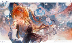 Rule 34 | 1girl, absurdres, ball, blue background, braided sidelock, bright pupils, checkered hairband, collared dress, dress, glass pen, gloves, green eyes, grey cloak, hand up, high collar, highres, holding, holding pen, long hair, long sleeves, looking at viewer, orange hair, parted lips, pen, puffy long sleeves, puffy sleeves, reverse:1999, solo, sonetto (reverse:1999), sparkle, two side up, upper body, weibo logo, weibo watermark, white dress, white gloves, white pupils, zang gegege