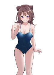 Rule 34 | 1girl, absurdres, arm at side, armpit crease, bang dream!, bare arms, bare shoulders, blue one-piece swimsuit, blush, breasts, brown hair, cleavage, closed mouth, collarbone, commentary request, cone hair bun, covered navel, double bun, feet out of frame, hair bun, hair ornament, hand up, highres, large breasts, looking at viewer, medium hair, one-piece swimsuit, ptal, purple eyes, school swimsuit, simple background, solo, standing, star (symbol), star hair ornament, swimsuit, thighs, toyama kasumi, v-shaped eyebrows, white background