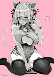 Rule 34 | 1girl, animal ears, bare shoulders, black thighhighs, blush, breasts, cat ears, cat tail, china dress, chinese clothes, cleavage, cleavage cutout, clothing cutout, commentary request, covered erect nipples, dress, fake animal ears, fate/grand order, fate (series), hair ribbon, jeanne d&#039;arc (fate), jeanne d&#039;arc alter (avenger) (fate), jeanne d&#039;arc alter (fate), kojima saya, large breasts, monochrome, no panties, pelvic curtain, ribbon, seiza, short hair, sitting, tail, thighhighs