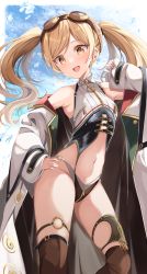 Rule 34 | acchii (akina), arm up, armpits, azur lane, blonde hair, breast zipper, coat, contrapposto, crotch zipper, goggles, goggles on head, hand on own hip, highleg, highleg swimsuit, highres, leonardo da vinci (azur lane), long hair, off shoulder, red eyes, swimsuit, thigh strap, thighhighs, twintails, white coat, zipper