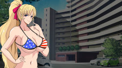 Rule 34 | 1girl, american flag bikini, bikini, blonde hair, blue eyes, blush, breasts, building, car, cleavage, closed mouth, covered erect nipples, flag print, hand on own hip, highres, hozumi kenji, index finger raised, large breasts, long hair, looking at viewer, motor vehicle, navel, original, outdoors, ponytail, sky, smile, solo, swimsuit, tree, upper body, very long hair