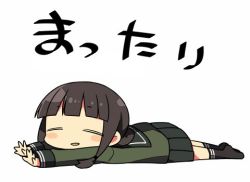 Rule 34 | 10s, 1girl, = =, black hair, black socks, blunt bangs, blush, blush stickers, closed eyes, commentary request, kanikama, kantai collection, kitakami (kancolle), kneehighs, long hair, long sleeves, lowres, lying, on stomach, outstretched arms, pleated skirt, school uniform, serafuku, simple background, skirt, socks, solo, white background