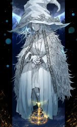 Rule 34 | 1girl, blue eyes, cloak, closed mouth, colored skin, cracked skin, dress, elden ring, elden ring (object), extra arms, extra faces, full moon, fur cloak, grey hair, grey skin, hat, highres, invisible chair, kankan33333, large hat, long dress, looking at viewer, medium hair, moon, one eye closed, ranni the witch, sitting, smile, solo, white dress, white hat, witch hat