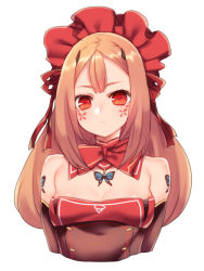 Rule 34 | 1girl, bare shoulders, blonde hair, bonnet, bow, bowtie, breasts, butterfly tattoo, cleavage, closed mouth, detached sleeves, facial mark, hair between eyes, horns, long hair, looking at viewer, medium breasts, original, phantasy star, phantasy star online 2, red bow, red bowtie, red eyes, solo, strapless, tattoo, upper body, yutazou