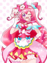 Rule 34 | 1girl, apron, arm behind back, back bow, bow, brooch, choker, cone hair bun, cowboy shot, cure precious, delicious party precure, double bun, dress, fox, gloves, hair bow, hair bun, hairband, heart, heart brooch, hidesato (user xhje2235), highres, jewelry, kome-kome (precure), large bow, light particles, long hair, magical girl, medium dress, nagomi yui, off-shoulder dress, off shoulder, ok sign, one eye closed, open mouth, pink dress, pink hair, polka dot, polka dot background, precure, purple eyes, red bow, red choker, red hairband, red ribbon, ribbon, smile, solo, standing, two side up, very long hair, waist apron, white gloves