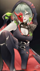 Rule 34 | 1girl, absurdres, breasts, cleavage, demon wings, diabellstar the black witch, duel monster, feet out of frame, green hair, grey eyes, half mask, highres, hood, hood up, knee up, maka aratame, mask, medium breasts, medium hair, open mouth, pantyhose, red pantyhose, single wing, solo, spread legs, thighhighs, wings, witch, yu-gi-oh!