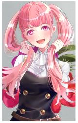 Rule 34 | 1girl, belt, blush, chil0107, female focus, fire emblem, fire emblem: three houses, garreg mach monastery uniform, grey background, highres, hilda valentine goneril, holding, holding hair, long hair, looking at viewer, matching hair/eyes, nintendo, open mouth, pink eyes, pink hair, simple background, smile, solo, twintails, uniform, upper body