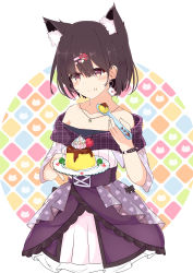 Rule 34 | 1girl, absurdres, animal ear fluff, animal ears, bare shoulders, black hair, blush, brown eyes, closed mouth, collarbone, dress, food, food-themed hair ornament, food on face, frilled dress, frills, hair between eyes, hair ornament, hairclip, highres, holding, holding plate, holding spoon, jewelry, licking lips, mushroom hair ornament, necklace, nekoyanagi (azelsynn), off-shoulder dress, off shoulder, original, plaid, plate, pleated dress, pudding, purple dress, short hair, short sleeves, smile, solo, spoon, tongue, tongue out, unmoving pattern, white background