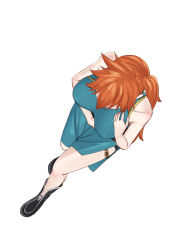 Rule 34 | 1girl, bare shoulders, black footwear, boku no hero academia, breasts, commentary request, easy (aqk7bdqt), from above, full body, kendou itsuka, large breasts, long hair, orange hair, side ponytail, side slit, simple background, solo, thigh strap, white background