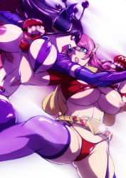 Rule 34 | 2girls, belt, between breasts, black hair, blue eyes, breasts, cameltoe, covered erect nipples, eyebrows hidden by hair, feet out of frame, fighting, fingerless gloves, floating hair, gloves, groin, horns, kon-kit, large breasts, legs, legs apart, long hair, looking at another, multiple girls, navel, nipples, one breast out, open mouth, original, panties, pink hair, pussy, revealing clothes, simple background, slingshot swimsuit, standing, swimsuit, thighhighs, thighs, underwear