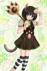 Rule 34 | 1girl, :d, animal ears, animal hands, aoi kanan, bad id, bad pixiv id, black hair, black socks, black stripes, black thighhighs, blue eyes, blush, capcom, cat ears, cat paws, cat tail, dress, fang, kneehighs, looking at viewer, melynx, monster hunter (series), open mouth, patterned legwear, paw pose, paw print, personification, scarf, short hair, smile, socks, solo, striped clothes, striped socks, striped thighhighs, tail, thighhighs, two-tone stripes, white socks, white stripes, white thighhighs