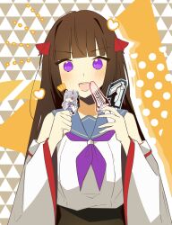 Rule 34 | 1girl, :d, absurdres, assault lily, bare shoulders, blue sailor collar, blunt bangs, blush, brown hair, character print, commentary request, crop top, detached sleeves, fujita asagao, glowstick, grey shirt, hair ribbon, hands up, heart, highres, holding, holding glowstick, charm (object), kozue west, long hair, long sleeves, looking at viewer, merchandise, natsumiya kuina, neckerchief, no pupils, notice lines, odaiba girls high school uniform, open mouth, orange background, polka dot, polka dot background, purple eyes, purple neckerchief, red ribbon, ribbon, sailor collar, school uniform, serafuku, shirt, sleeveless, sleeveless shirt, smile, solo, teeth, undershirt, upper body, upper teeth only, uroko (pattern), v-shaped eyebrows, white shirt, wide sleeves