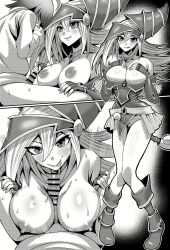 Rule 34 | 1boy, 1girl, bare shoulders, blush stickers, breasts, breasts out, choker, cleavage, dark magician girl, duel monster, embarrassed, erection, full body, greyscale, hat, hetero, highres, imajin koji, large breasts, licking lips, lips, long hair, looking at viewer, magical girl, monochrome, motion lines, multiple views, nipples, paizuri, penis, solo, sweat, tongue, tongue out, very long hair, yu-gi-oh!, yu-gi-oh! duel monsters