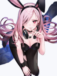 1girl absurdres animal_ears bare_shoulders bent_over black_choker black_corset black_hairband black_pantyhose black_shorts black_wristband blurry blurry_background blush breasts choker cleavage commentary_request corset finger_to_mouth hair_over_one_eye hairband headphones headphones_around_neck highres hololive hololive_english jacket jewelry large_breasts long_hair looking_at_viewer mori_calliope mori_calliope_(9th_costume) multicolored_hair nail_polish necklace official_alternate_costume official_alternate_hairstyle pantyhose pink_eyes pink_hair purple_nails rabbit_ears runlan_0329 shorts skull_necklace smile solo streaked_hair torn_clothes torn_pantyhose unworn_jacket virtual_youtuber