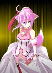 Rule 34 | 10s, 1girl, ahoge, animal ears, bare shoulders, breasts, dog days, dog ears, dog tail, dress, elbow gloves, female focus, gloves, gradient background, hair ribbon, highres, millhiore f. biscotti, pink hair, purple eyes, ribbon, short hair, smile, solo, tail