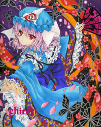 Rule 34 | 1girl, bad id, bad pixiv id, bug, butterfly, cherry blossoms, chirori, hand fan, female focus, folding fan, ghost, hat, bug, japanese clothes, marker (medium), petals, pink hair, red eyes, saigyouji yuyuko, solo, touhou, traditional media