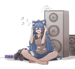 Rule 34 | 1girl, amplifier, blue bow, blue hair, blue ribbon, blue skirt, bow, commentary, commentary typo, commission, english commentary, glass, hair bow, headphones, highres, indian style, long hair, mata (matasoup), musical note, open mouth, patchwork clothes, phone, ribbon, sitting, skirt, smile, solo, speaker, spilling, touhou, very long hair, yorigami shion