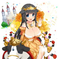 Rule 34 | black hair, blue eyes, blunt bangs, breasts, castle, cleavage, confetti, cow, detached sleeves, dress, fireworks, flower, hair flaps, headdress, kusaka souji, large breasts, long hair, looking at viewer, miru holstein, official art, open mouth, riding, solo, sparkle, striped clothes, striped dress, transparent background, uchi no hime-sama ga ichiban kawaii, vertical-striped clothes, vertical-striped dress