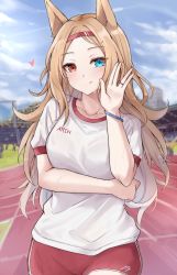 Rule 34 | 1girl, :q, absurdres, alternate costume, animal ears, archetto (arknights), arknights, arm across waist, blonde hair, blue eyes, blue sky, blush, closed mouth, clothes writing, cowboy shot, day, gym shirt, gym shorts, gym uniform, hairband, heart, heterochromia, highres, jewelry, long hair, looking at viewer, mango (mgo), outdoors, red eyes, red hairband, red shorts, ring, shirt, shorts, sky, smile, solo, stadium, tongue, tongue out, track and field, waving, white shirt, wristband